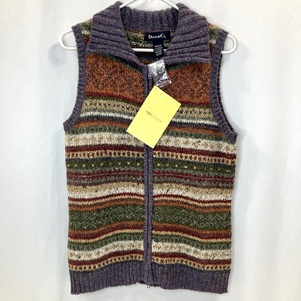 QVC Style Denim & Co Vintage Sweater Vest Full Zip Collar Women's Medium